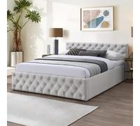 Home Collective Lit Double 140x200 / 160x200 - avec sommier, Rangement intégré, revêtement Velours Doux | Tête de lit rembourrée, Structure Robuste, Confort de Couchage élevé | Beige 140x200