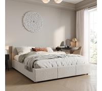 Home Collective Lit rembourré Double 140x200 cm avec Matelas & sommier à Lattes métallique et Espace de Rangement avec Coffre hydraulique | Tissu Bouclette Beige