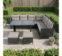 Home Collective Salon de Jardin Lounge 7 Places avec canapé d’Angle | Mobilier de Jardin avec Table en Verre trempé & Coussins Confortables | pour terrasse et Jardin | Polyrattan Noir | Gris