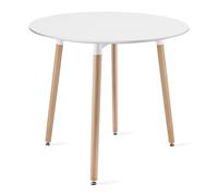 Home Collective Table de salle à manger ronde blanche avec pieds en hêtre naturel de 80 cm de diamètre, design moderne et ergonomique, pour cuisine, salle à manger, salon, panneau MDF durable
