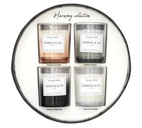 HOME DECO FACTORY - BO5458 Coffret de 4 Bougies Parfumées Harmony, Parfums Camélia, Ambre, Linge Frais, Orchidée, 7h de Combustion, 5.9 cm, Couleurs Noir, Blanc, Gris, Orange