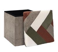 HOME DECO FACTORY - Coffre Pouf Pliable Patchwork Côtelé - Rangement et Assise Élégante pour Salon ou Chambre - 38x38 cm - Beige - Gris - Rouge - Vert - Modèle Scott