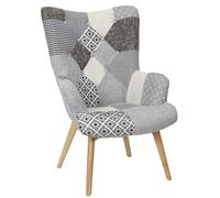 HOME DECO FACTORY, Fauteuil Style Scandinave pour Salon, Tissu Patchwork, Pieds Inclinés en Hévéa, Formes arrondies, Assise Moelleuse, Capitonné, Dossier Haut, Gris, 65x74x100cm, Hauteur d'assise 40cm