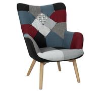 HOME DECO FACTORY, Fauteuil Style Scandinave pour Salon, Tissu Patchwork, Pieds Inclinés en Hévéa, Formes arrondies, Assise Moelleuse, Capitonné, Dossier Haut, Noir, 72x80x99 cm
