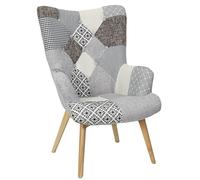 HOME DECO FACTORY, Fauteuil Style Scandinave pour Salon, Tissu Patchwork, Pieds Inclinés en Hévéa, Formes arrondies, Assise Moelleuse, Capitonné, Dossier Haut, Gris, 65x74x100cm, Hauteur d'assise 40cm