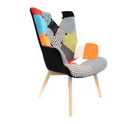 HOME DECO FACTORY, Fauteuil Style Scandinave pour Salon, Tissu Patchwork, Pieds Inclinés en Hévéa, Formes arrondies, Assise Moelleuse, Capitonné, Dossier Haut, Orange, 66x99,5x72 cm