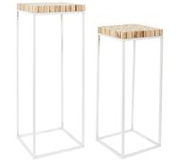 HOME DECO FACTORY - HD0063 Lot de 2 Sellettes Gigognes en Bois et Métal, Design Contemporain pour Salon ou Entrée, 34 x 34 x 90 cm, Couleurs Blanc et Marron