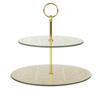 HOME DECO FACTORY - KA0119 Plateau Présentation Double 25 cm Verre Accents Dorés Gris - pour Desserts Amuse-Bouches - Élégant - Taille 25 cm - Couleur Or/Gris