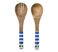 HOME DECO FACTORY - KA0816 - Couvert à Salade en Manguier - Design Méditerranéen - Décoré de Rayures Bleues et Motifs Citron - Idéal pour Servir avec Élégance - Taille M - Couleur Bleu