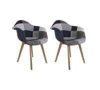 HOME DECO FACTORY Lot de 2 Fauteuils Patchwork Scandinave Bois Tissu Bleu | Bois de hêtre et polyester, lot de 2 fauteuils patchwork scandinave, salon ou salle à manger, bleu multicolore