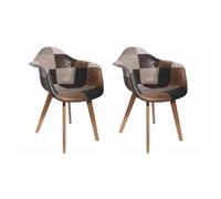 HOME DECO FACTORY Lot de 2 Fauteuils Patchwork Scandinave Marron et Blanc | Bois de hêtre et polyester, lot de 2 fauteuils patchwork scandinave, salon ou salle à manger, marron et blanc