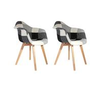 HOME DECO FACTORY, Lot de 2 Fauteuils Style Scandinave, Tissu Patchwork, Pieds Inclinés en Hévéa, Formes arrondies, Assise Moelleuse, Capitonné, Dossier Haut, Gris Blanc, 62,5x60,5x82,5 cm