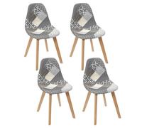 HOME DECO FACTORY Lot de 4 Chaises Patchwork Scandinave Ergonomiques Coloré | Bois, lot de 4 chaises patchwork, design scandinave, assise ergonomique, salle à manger ou salon, blanc gris et marron