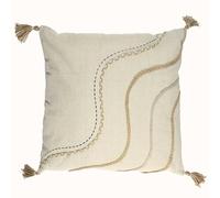 HOME DECO FACTORY - TX0101 Coussin Beige et Blanc à Pompons 40x40 cm - Design Élégant, Confort Optimal, Déhoussable, Polyvalent pour Salon, Chambre, Terrasse