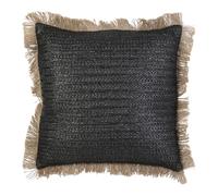 HOME DECO FACTORY - TX8597 - Coussin Déhoussable à Franges 40x40cm en Polyester - Jute et Lin - Conçu pour Dynamiser Votre Intérieur - Couleur Noir-Beige