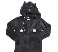 HOME DECO FACTORY - TX9490 Combinaison Chat Adulte Kawaii Noir, Pyjama à Capuche Doux et Chaud, Oreilles 3D, Queue et Pattes Imprimées, Confortable, Lavable en Machine