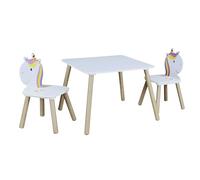 HOME DECO KIDS - HD6764 Table et 2 Chaises Licorne pour Enfants - Mobilier Déco Chambre, Bois MDF et Pin, 55 x 55 x 43 cm, Blanc-Fuchsia-Turquoise-Violet