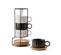 HOME DECOR - Lot de 4 tasses à café empilables en céramique avec soucoupe et support en métal pour expresso, cappuccino et latte macchiato 160 ml - Collection Rayée