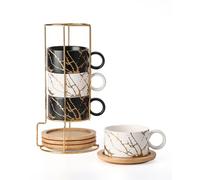 HOME DECOR - Lot de 4 tasses à café empilables en céramique avec soucoupe et support en métal pour expresso, cappuccino et latte macchiato 160 ml - Collection Marble