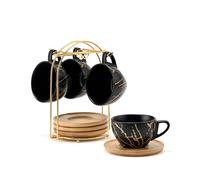 HOME DECOR Lot de 4 tasses à cappuccino empilables en céramique avec soucoupe et support en métal pour les amateurs de café, cappuccino, latte, americano et thé, 220 ml, noir doré