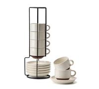 HOME DECOR Lot de 6 tasses à expresso de 140 ml avec soucoupe et support - Tasses à café élégantes en céramique pour expresso, café et latte - Blanc réactif