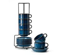 HOME DECOR Tasses à cappuccino Set - Processus de glaçage réactif - 6 tasses à café de 140 ml avec soucoupe et support pour Espresso, Cappuccino et Latte - Glaçage réactif bleu