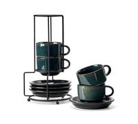 HOME DECOR Tasses à Espresso Set - Processus de glaçage réactif - 4 tasses à café de 140 ml avec soucoupe et support pour Espresso, Espresso et Latte - Vert foncé réactif