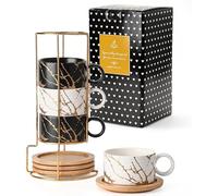 HOME DECOR Tasses à expresso empilables en céramique 4 x 160 ml- Marble | Soucoupe et support, gain de place, décor unique, idéal pour l'espresso et le latte, compatible lave-vaisselle.
