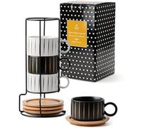 HOME DECOR Tasses à expresso empilables en céramique 4 x 160 ml - Rayée | Soucoupe et support, gain de place, Motif à rayures, idéal pour l'espresso et le latte, compatible lave-vaisselle.