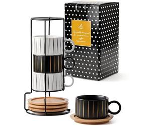 HOME DECOR Tasses à expresso empilables en céramique 4 x 160 ml - Rayée | Soucoupe et support, gain de place, Motif à rayures, idéal pour l'espresso et le latte, compatible lave-vaisselle.