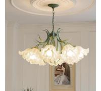 Home Decoration Glass Flower Shape Chandelier Lampshade Chain Adjustable Mid Century Large Round Light Fixtures Farmhouse Green Pendant Lamp for Dining Living Room