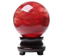 Home Decoration Red Crystal Ball Melting Crystal Quartz Sphere with Wood Stand Office FengShui Decoration Ball Stone,17cm/6.7in
