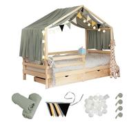 Home Deluxe - Parure de lit pour enfant Velindo - Couleur : kaki - Avec fanions, rideaux et guirlandes lumineuses LED - Décoration de lit pour enfant