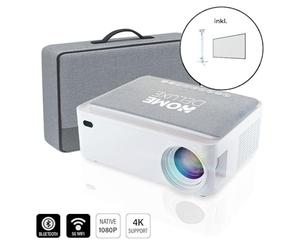 HOME DELUXE - Vidéoprojecteur LINO avec écran et support de projecteur - Couleur: blanc avec couverture en tissu, intensité lumineuse: 400 ANSI lumens, Full HD 4K, Android V9.0, WiFi 5G, Bluetooth 5.0