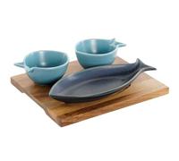 Home ESPRIT Set d'apéritif Bleu Ciel Porcelaine Acacia méditerranéen Poissons 19,5 x 16,5 x 1,3 cm 4 pièces