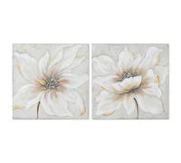 Home ESPRIT Tableau blanc beige sur toile en bois MDF fleur romantique 50 x 2,5 x 50 cm (2 unités)