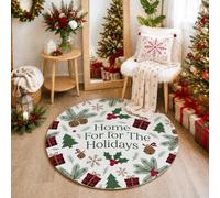 Home for The Holidays Tapis rond avec citation saisonnière 91 cm | Branches de pin, tapis rond, baies de houx, style ferme, entrée saisonnière, vœux d'hiver chaleureux