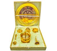 Home Genie Brass Pooja Thali Set with Golden Polish | Complete Hindu Puja Kit with Plate, Kalash, Diya, Bell, Spoon & Incense Holder | Gift Box for Temple & Festivals