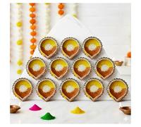 Home Genie Handmade Diyas for Diwali/Deepawali Decoration | Hand Painted Clay Mitti Diya (Round Yellow and Brown Diya, 12, Pièce)
