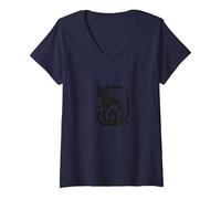 Home is Where The Cat is - Citation des Amoureux des félins T-Shirt avec Col en V, Femme, Bleu Marine, S