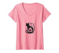 Home is Where The Cat is - Citation des Amoureux des félins T-Shirt avec Col en V, Femme, Rose, XL