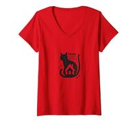 Home is Where The Cat is - Citation des Amoureux des félins T-Shirt avec Col en V, Femme, Rouge, S
