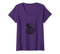 Home is Where The Cat is - Citation des Amoureux des félins T-Shirt avec Col en V, Femme, Violet, S