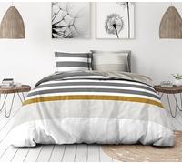 Home Linge Passion Parure de Couette 200x200 cm - 3 pièces - Percale de Coton Douce - Housse + taies - Blanc & Gris Ocre - Modèle La Courtisane