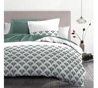 Home Linge Passion Parure de Couette 200x200 cm - 3 pièces - Percale de Coton Douce - Housse + taies - Blanc & Vert - Modèle L'élégante