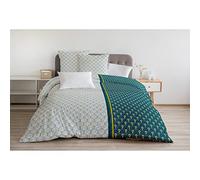 Home Linge Passion Parure de Couette 220x240 cm - 100% Coton 57 Fils - 3 Pièces (Housse + 2 Taies) - Motif Rainbow Bleu Vert Curry - Douce et Confortable
