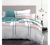 Home Linge Passion Parure de Couette 220x240 cm - 3 pièces - Percale de Coton Douce - Housse + taies - Blanc & Bleu Pastel - Modèle L'intrigante