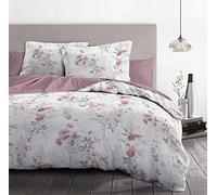 HOME LINGE PASSION Parure de lit 140x200 cm 100% Coton, Housse de Couette avec 1 taie, Motif Pompadour Blanc et Rose, Douce, Respirante et résistante