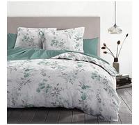 HOME LINGE PASSION Parure de lit 220x240 cm 100% Coton, Housse de Couette avec 2 taies, Motif Pompadour Blanc et Vert, Douce, Respirante et résistante