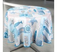 Home Maison - Nappe Anti-Tache Ronde Motif Marin - Polyester - Linge de Table Imperméable - Usage Intérieur Extérieur - Facile Entretien Lavable - Ø 160 cm - Bleu